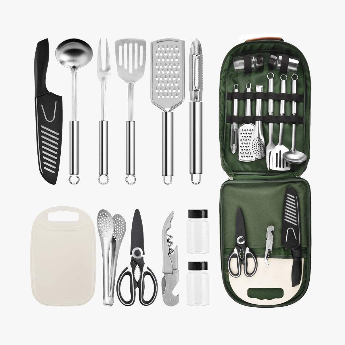 Extremus Camp Kitchen Cooking Utensil Set 13/27 Pcs Cookware Kit - Portable  Outdoor Cooking and Grilling Utensil Organizer Travel Set for Backpacking  BBQ Camping Travel Camping Accessories Green